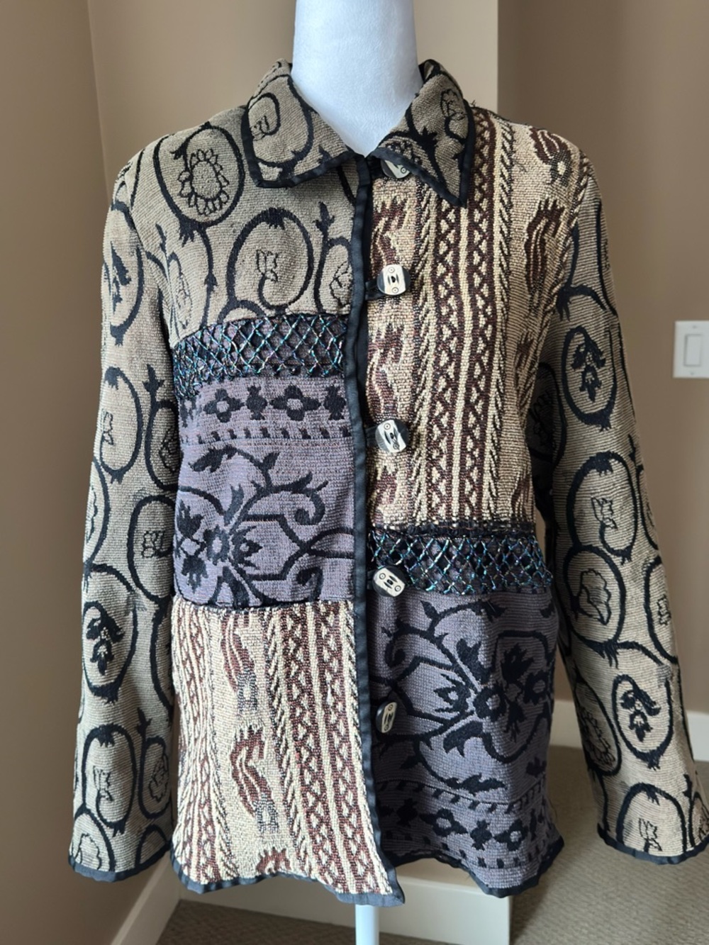 Stunning Vintage Boho Patchwork Tapestry Jacket – Beaded & Embroidered